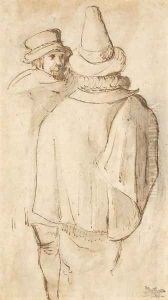 A figure, seen three-quarter-length from behind, in a tall hat and cloak, another man beyond by Gillis van Coninxloo