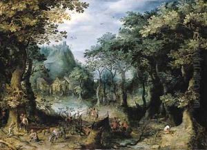 Woodcutters working beside a forest path near a river by Gillis van Coninxloo