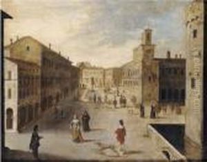 A Capriccio Of A Renaissance Town Square With Elegant Figures Promenading By A Fountain