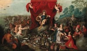 Apollo Enthroned, Presented With The Gifts Of The Continents Andoceans by Hans III Jordaens