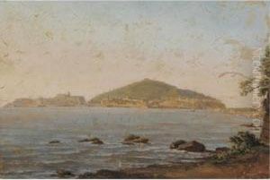 A View Of Naples From The Portici, The Castel Dell'ovo On The Left by Simon-Joseph-Alexandre-Clement Denis