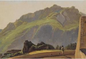 A View Of Mount Epemeo At Ischia, A Figure On A Terrace In The Foreground by Simon-Joseph-Alexandre-Clement Denis