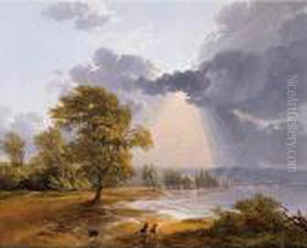 A River Landscape With An Approaching Storm, Figures Running In The Foreground - view 1