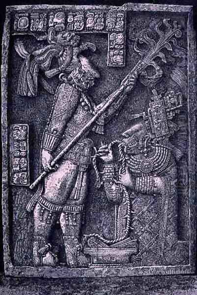 Carved stone lintel from Temple 23, Yaxchilan, 726 AD, showing the ruler Shield Jaguar and his wife, Lady Xoc, conducting a bloodletting ritual, from 'The Ancient Cities of the New World' - view 1