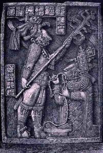 Carved stone lintel from Temple 23, Yaxchilan, 726 AD, showing the ruler Shield Jaguar and his wife, Lady Xoc, conducting a bloodletting ritual, from 'The Ancient Cities of the New World' by Henri Michel Antoine Chapu