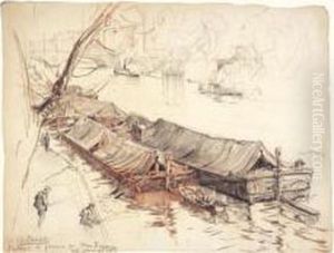 Barges De Transport De Pommes A Quai, A Paris by Charles Jouas