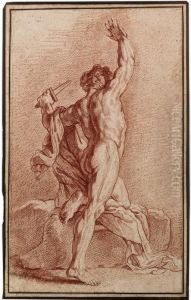 A Nude Seen From Behind, Holding A Dagger And Kneeling On Arock