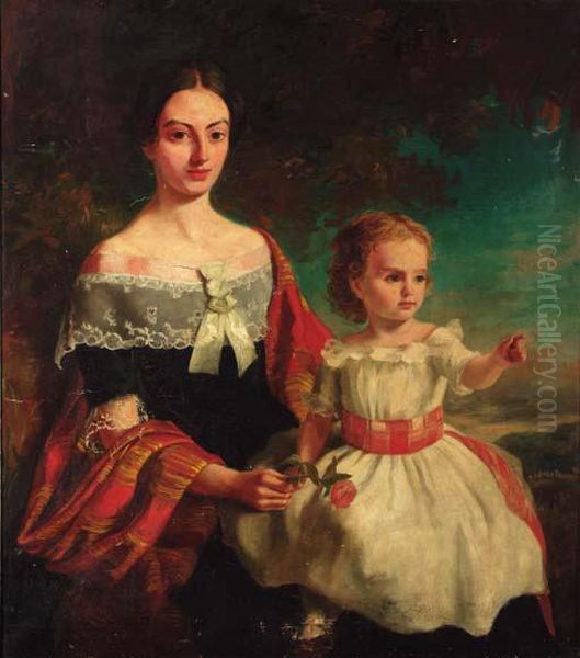 Portrait Of Mrs Threshie And Her
Daughter Luary Helen Threshie,three-quarter-length, The Mother In A
Black Dress With Lacetrimming, Holding A Rose, And The Child Seated On
Her Lap In Awhite Dress, In A Landscape - view 1