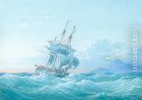 A Naval Frigate In Heavy Seas Off A Rockycoast - view 1