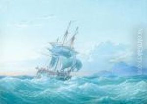 A Naval Frigate In Heavy Seas Off A Rocky Coast
