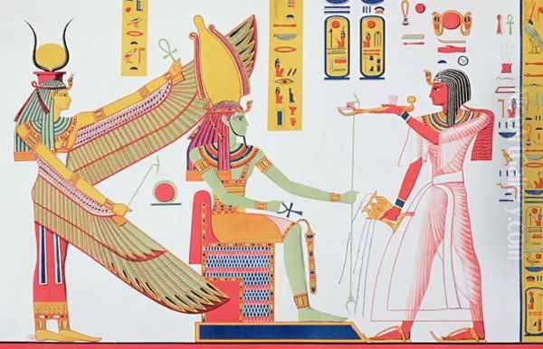 Ramesses IV (1153-1147 BC) offering incense to Isis and Amon-Re, seated on a throne, copy of a wall painting from his tomb in the Valley of the Kings, plate 260 from 'Monuments d'Egypte' - view 1