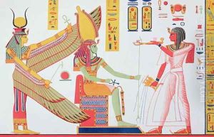 Ramesses IV (1153-1147 BC) offering incense to Isis and Amon-Re, seated on a throne, copy of a wall painting from his tomb in the Valley of the Kings, plate 260 from 'Monuments d'Egypte' by Jean Francois Champollion