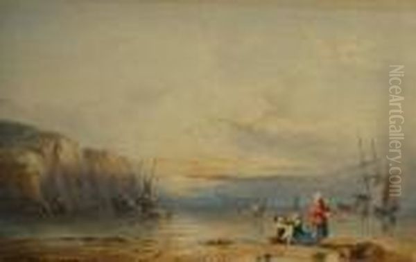 Figures Gathering From The Beach With Distant Vessels At Sunset - view 1