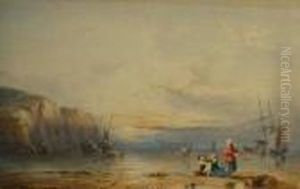 Figures Gathering From The Beach With Distant Vessels At Sunset