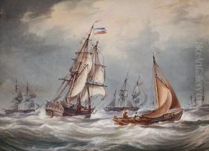 Reefing Down; A Merchantmen And Other Vessels On A Breezy Day