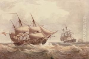A Naval Squadron Reefed Down For
 The Impending Storm (illustrated); And A Brig Arriving At Her Anchorage