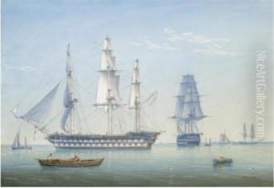 Two 64-gun British Men-of-war Ships In A Calm With Other Shipping by William Joy