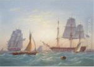 A 64-gun Man-of-war And A Frigate Of The Royal Navy With Other Shipping Off The Coast by William Joy