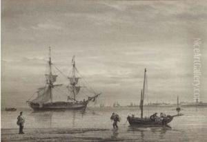 A Trading Brig Lying At Anchor Off Yarmouth by William Joy