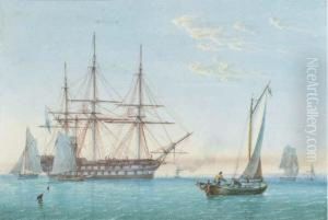 A Royal Naval Two-decker Lying In Spithead With Small Craftnearby by William Joy