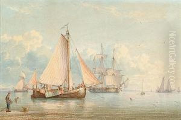 Dutch Fishing Boats At Anchor Off An Estuary - view 1