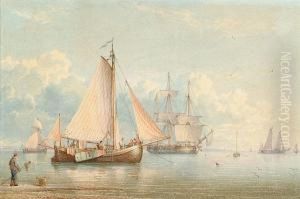 Dutch Fishing Boats At Anchor Off An Estuary by William Joy