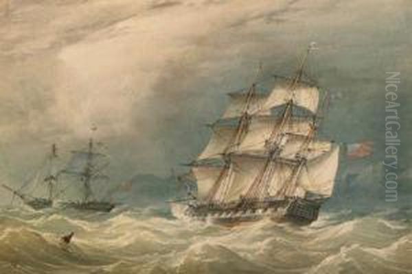 A Frigate And Other Shipping Off A Rocky Coast - view 1