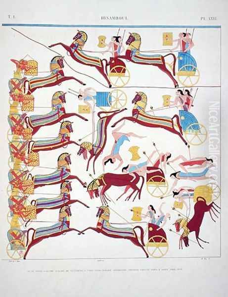 Interpretation of the frescoes at Ibsambul depicting a battle with chariots, from 'Monuments de l'Egypte et de la Nubie', c.1835 - view 1