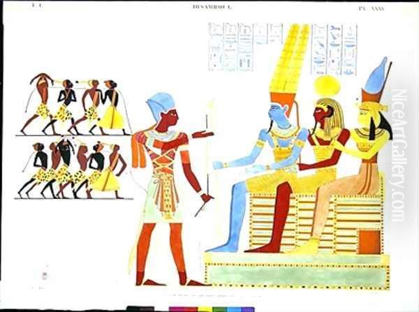 A Pharaoh in military costume offers a group of prisoners to the Gods l to r Amon Khonsu and Mut - view 1