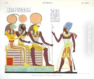Fresco from Ibsambul depicting Ramesses II facing l to r Sekhmet by Jean Francois Champollion