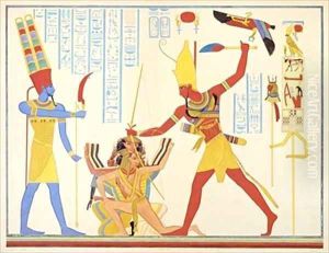 The God Amun offers a sickle weapon to the pharaoh Ramesses III as he strikes two captured enemies by Jean Francois Champollion