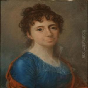 A Young Woman In A Blue Dress With A Red Shawl by Jens Juel