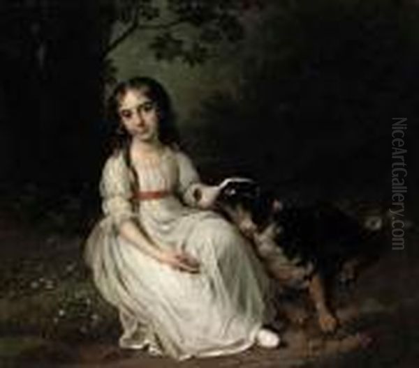 Portrait Of Frederikke Maria 
Sophia Brockdorff, Seated Full-length,in A White Dress, In A Park 
Landscape With Her Dog Beside Her - view 1