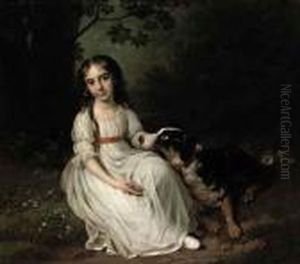 Portrait Of Frederikke Maria
Sophia Brockdorff, Seated Full-length,in A White Dress, In A Park
Landscape With Her Dog Beside Her by Jens Juel