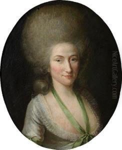 Portrait Of A Lady Half Length,
Wearing A Blue Silk Dress With A Green Ribbon Round Her Neck by Jens Juel