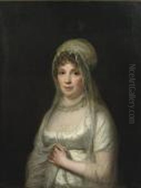 Portrait Of A Lady, Said To Be
Lady Von Binzer, Half-length, In Awhite Dress And A White Headdress And
Veil - view 1