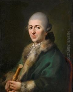 Portrait Of A Musician, Half-length, In A Green, Fur-trimmed Coat And Holding A Flute by Jens Juel
