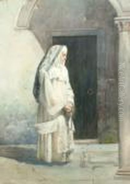 Manner Of Jose Juliana Y Albert,
 Spanish -- Study Of A Nun Standing Full Length By A Doorway; 
Watercolour, Bears Signature And Inscription, 36.5x26cm - view 1