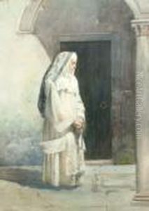 Manner Of Jose Juliana Y Albert,
 Spanish -- Study Of A Nun Standing Full Length By A Doorway; 
Watercolour, Bears Signature And Inscription, 36.5x26cm