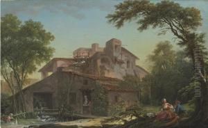 A Watermill With A Dovecot And A Peasant Couple Seated Under A Treein The Foreground by Nicolas-Jacques Juliard