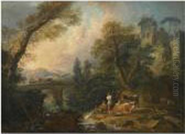 A Pastoral Landscape With
Herders And Their Animals Resting Besidea River, A Bridge Beyond - view 1