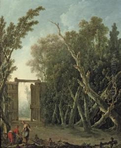 A Wooded Garden With A Gate And Figures In The Foreground - view 1