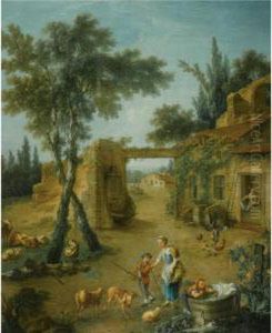 A Young Shepherdess And Children In A Farmyard by Nicolas-Jacques Juliard