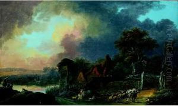 Bergers Et Leur Troupeau Pres D'une Riviere - view 1
