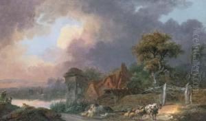 Peasants Travelling On A Path By A Hamlet