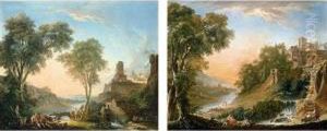 Figures Resting On The Banks Of A
 River, A Bridge In The Distance; Figures Resting On The Banks Of A 
River, A Waterfall In The Foreground