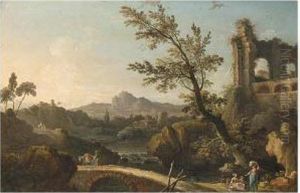 An Italianate River Landscape With Ruins, Travellers And Washerwomen by Nicolas-Jacques Juliard
