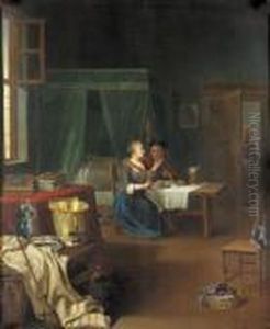 Burgerliche Stubeninterieur Mit Altem Paar Beim Mahl. by Justus Juncker