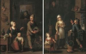 A Kitchen Interior With A Maid 
And A Child Conversing With A Man Carrying A Basket Of Grapes; And A 
Kitchen Interior With A Maid And A Man Conversing And A Child Playing 
With A Cat