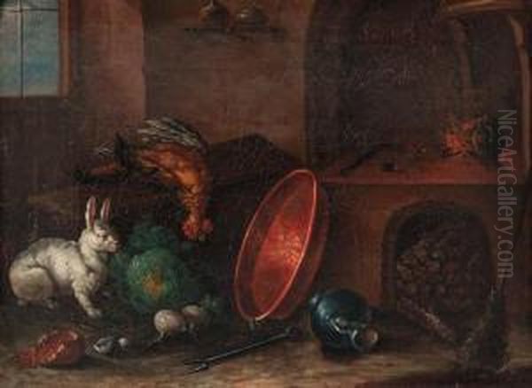 A Rabbit Near A Cabbage, A Copper Pan And Other Utensils In Akitchen - view 1